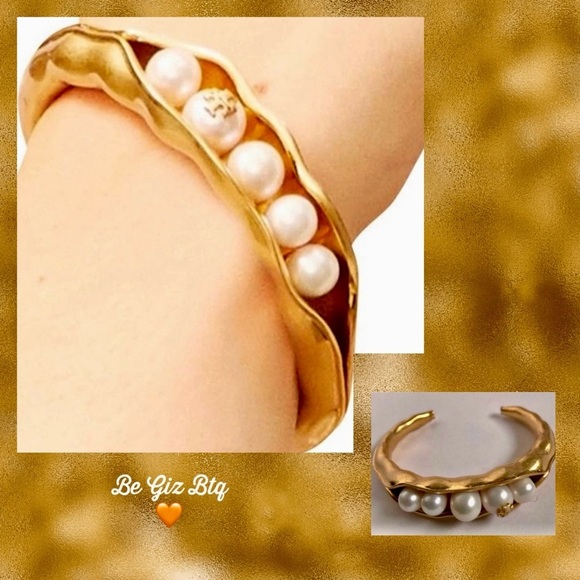 🆕Tory Burch Authentic Metal Logo & Stud Pearls Swarovski Crystal Cuff Bracelet